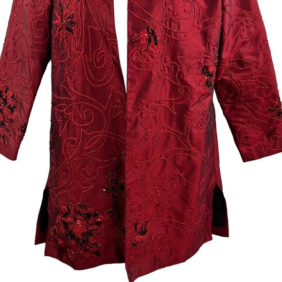 Tunique Nights Large Unisex Red Silk Blend Beaded Embroidered Lined Coat Vampire - Picture 4 of 15